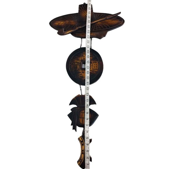 Vintage MCM Wood Asian Kiser Pipe Lucky Chinese Coin Money Bag Geta Wall Hanging - Picture 6 of 16